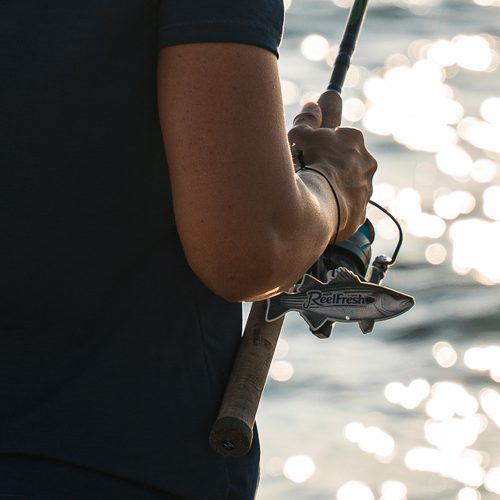 The ReelFresh striped bass freshener hanging from a spinning reel, the water sparkling behind it